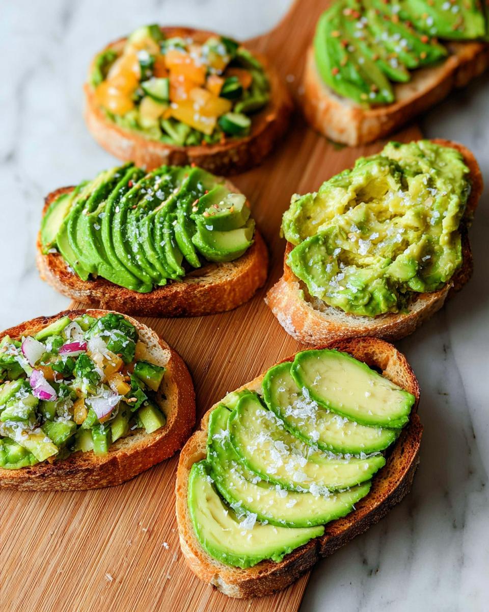 A variety of delicious avocado toast options, showcasing sliced and mashed avocado on toasted bread with various toppings.