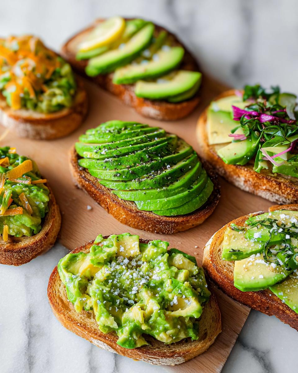 A variety of delicious avocado toast toppings on toasted bread, showcasing different ways to prepare avocado toast.