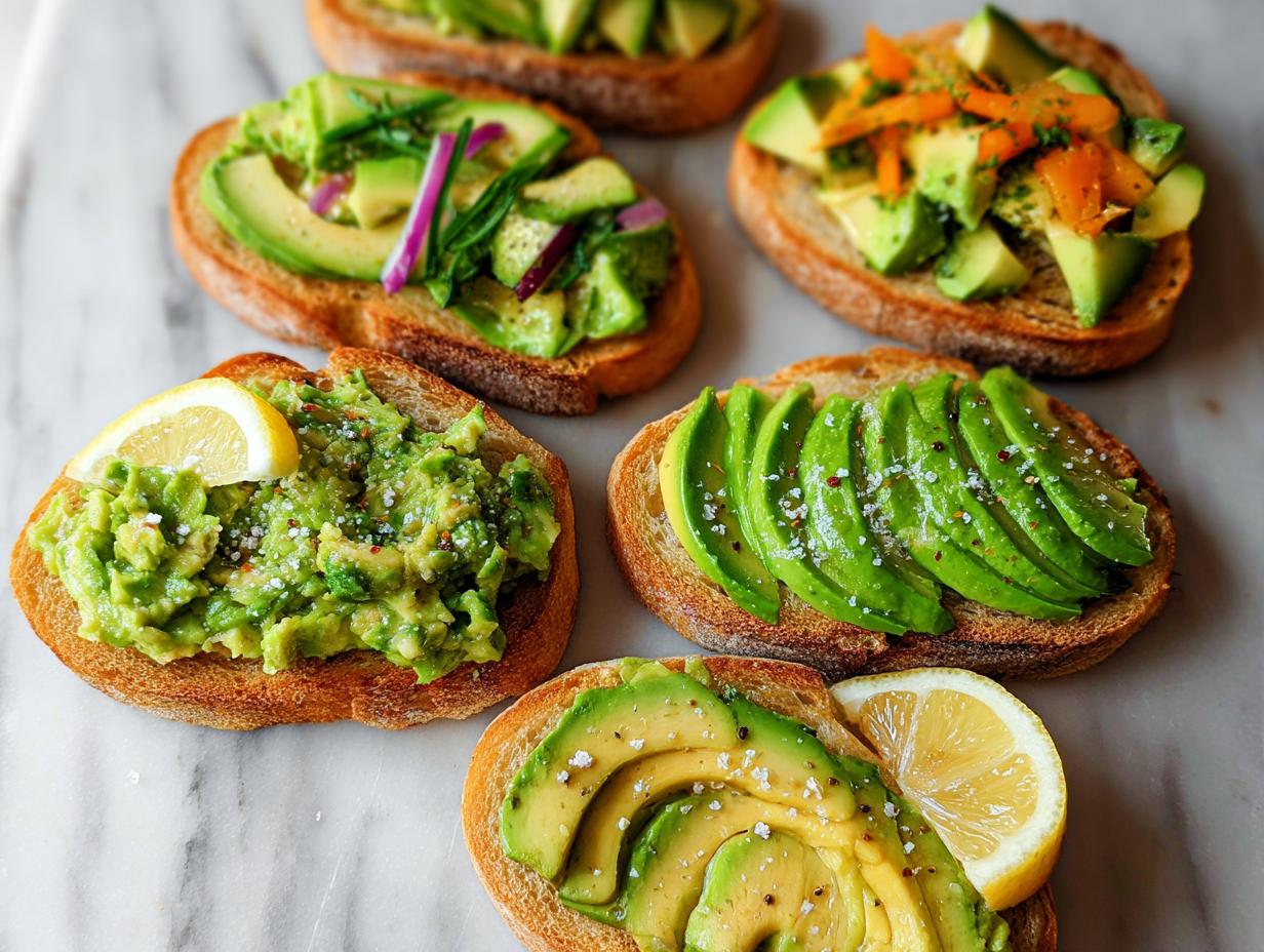 A variety of delicious avocado toast toppings on toasted bread, including sliced avocado, mashed avocado, and red onion.