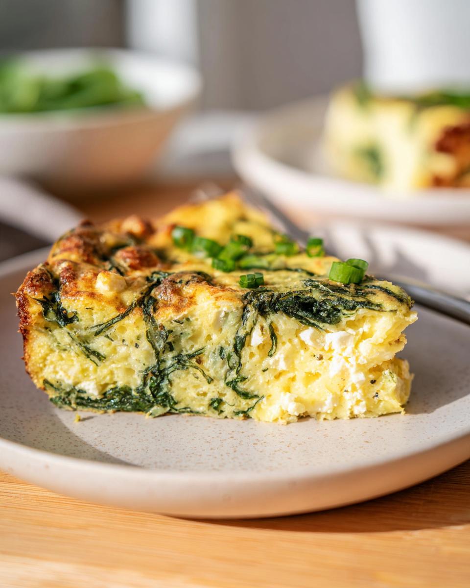 A slice of baked cottage cheese eggs with spinach and feta cheese, garnished with green onions.