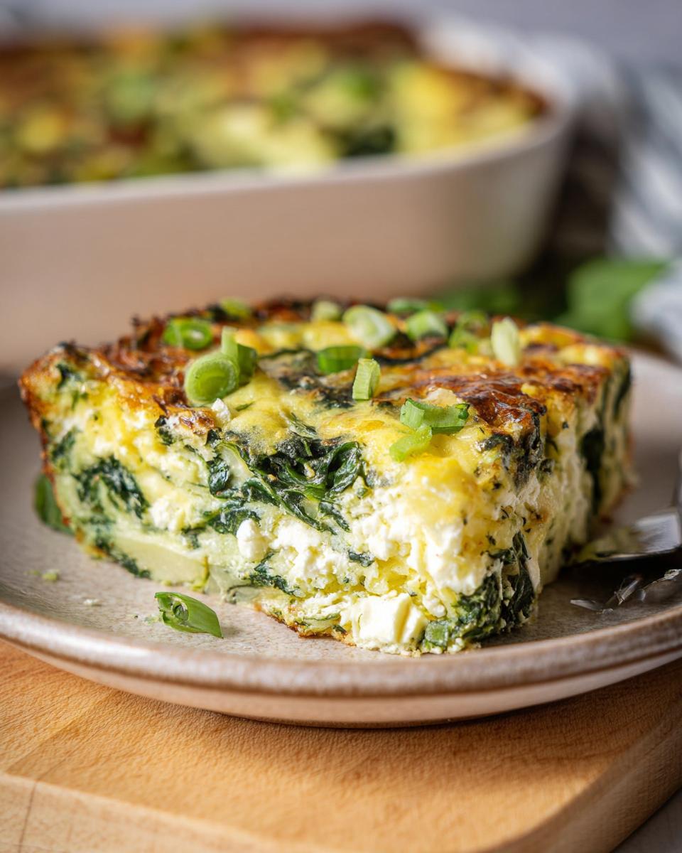 A slice of baked cottage cheese eggs with spinach and green onions, a perfect protein breakfast.