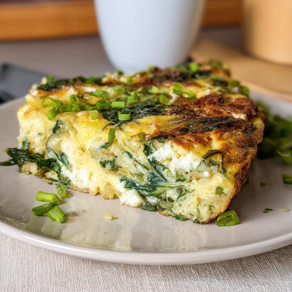 A slice of Baked Cottage Cheese Eggs with spinach and green onions on a plate.