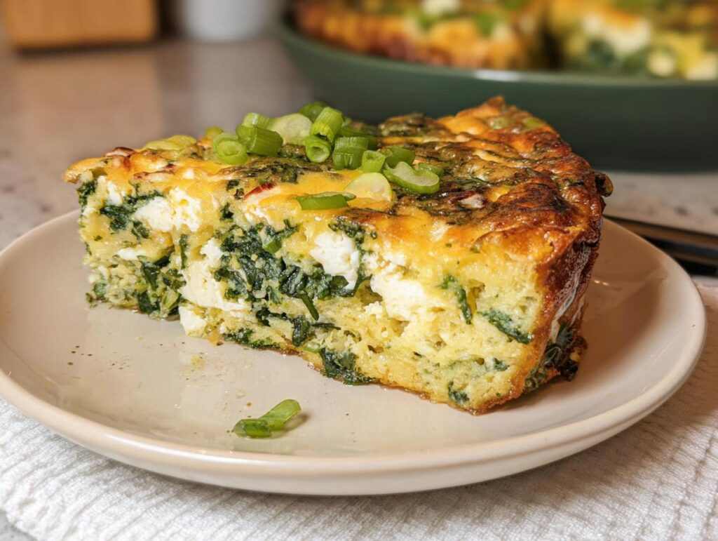 A slice of baked cottage cheese eggs with spinach and feta cheese, topped with green onions.