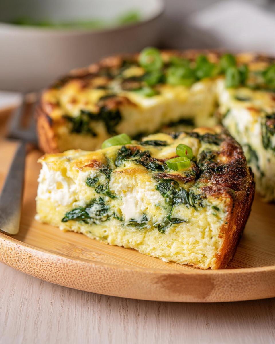 A slice of baked cottage cheese eggs with spinach and cottage cheese chunks, garnished with green onions.