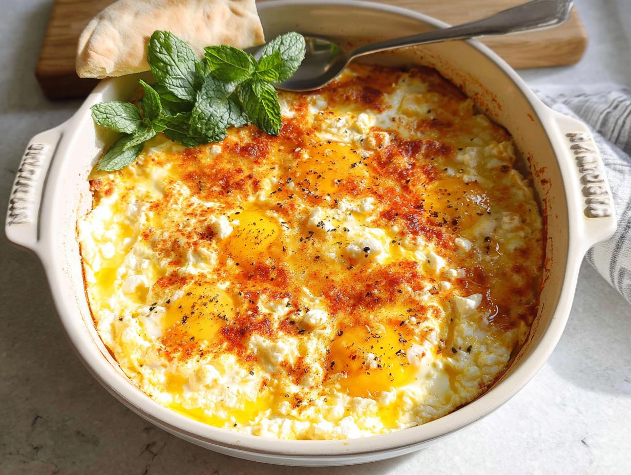 A close-up of baked feta eggs in a casserole dish, topped with paprika and fresh mint, served with pita bread.