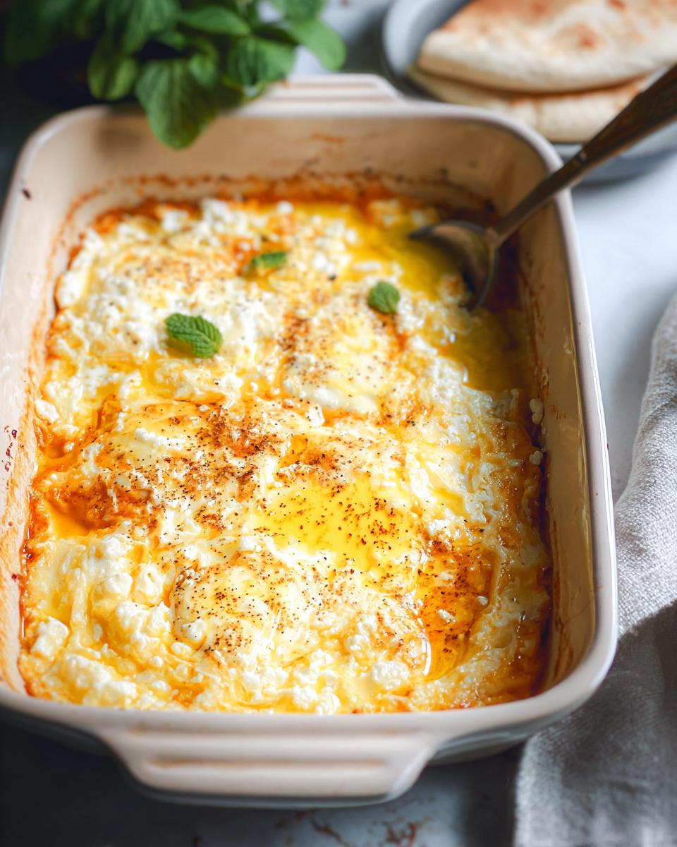 Close-up of baked feta eggs in a casserole dish, topped with melted butter, spices, and fresh mint leaves.