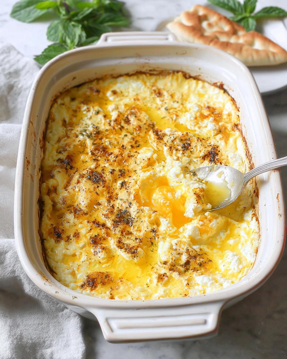 A spoonful scoops into a bubbly dish of Baked Feta Eggs, glistening with olive oil and herbs.