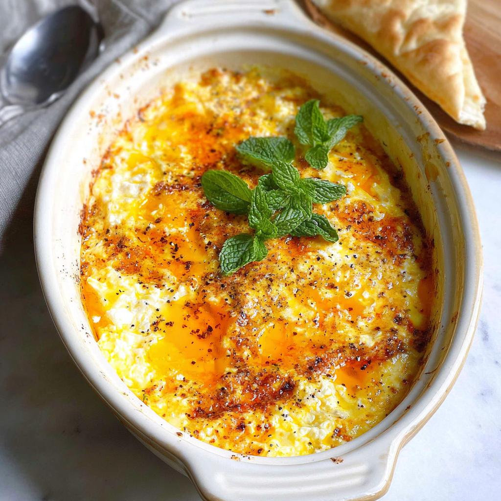 A close-up of baked feta eggs in a white dish, topped with fresh mint and spices.