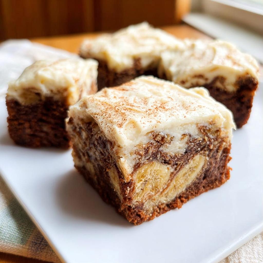 Close-up of moist Banana Bread Brownies Made Easy, topped with creamy frosting and a sprinkle of cinnamon.