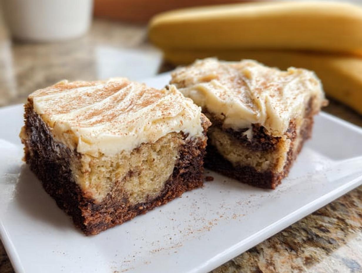 Two slices of Banana Bread Brownies Made Easy, topped with cream cheese frosting and cinnamon.