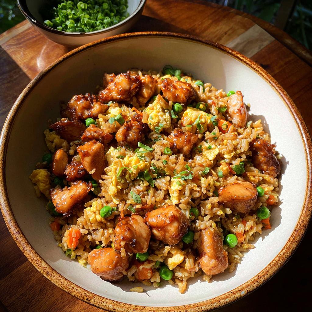 A bowl of Bang Bang Fried Rice topped with glazed chicken pieces, scrambled eggs, peas, and carrots.