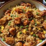A close-up of a bowl of Bang Bang Fried Rice topped with succulent pieces of chicken, peas, carrots, and scrambled egg.