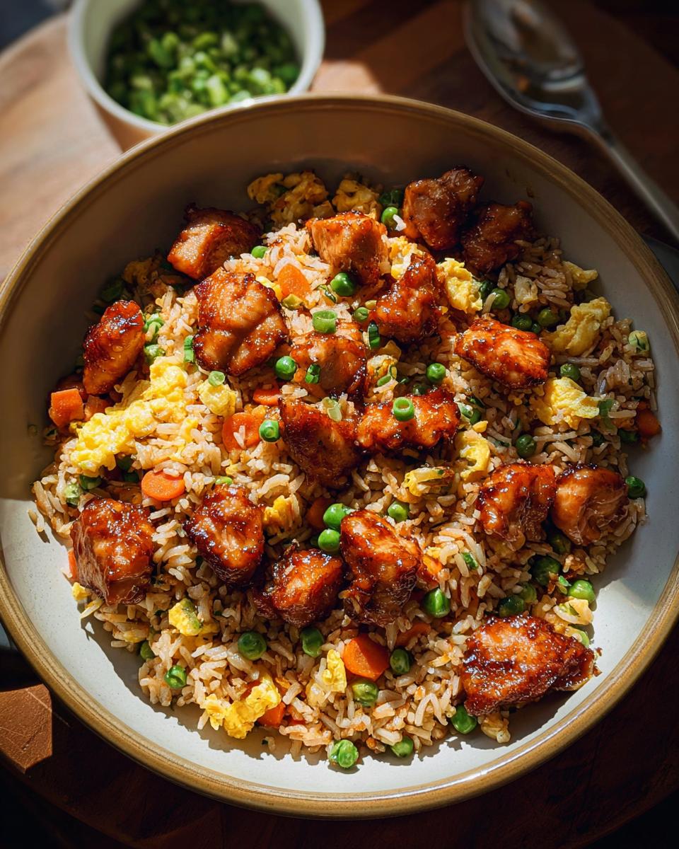 A close-up of a bowl of Bang Bang Fried Rice topped with glazed chicken pieces, peas, carrots, and scrambled eggs.