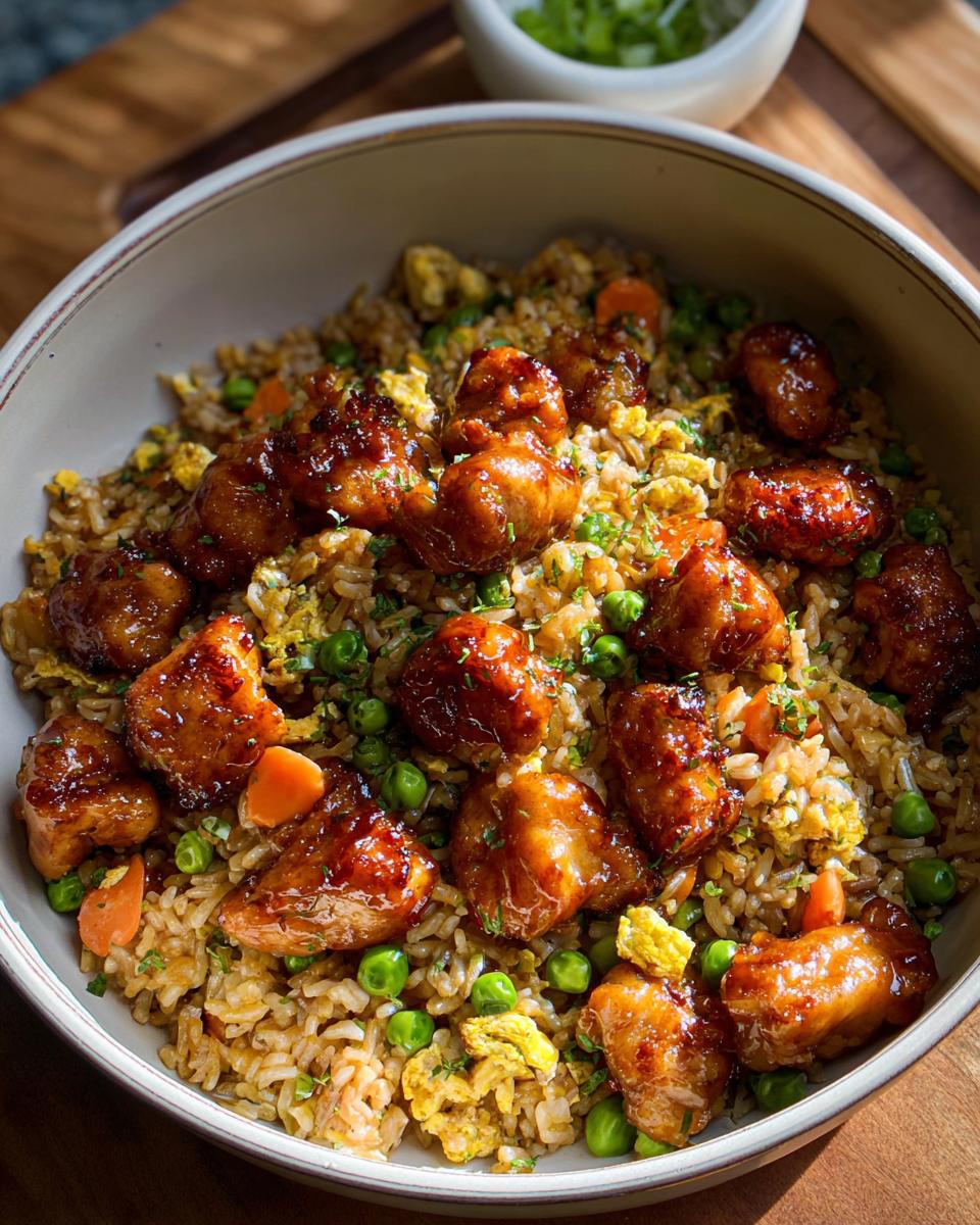 A bowl of Bang Bang Fried Rice topped with glazed chicken pieces, peas, carrots, and scrambled egg.