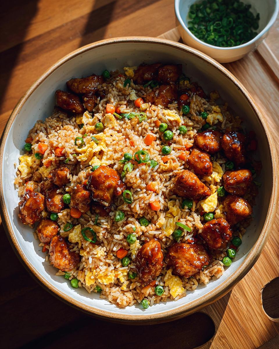 A bowl of Bang Bang Fried Rice topped with glazed chicken pieces, peas, carrots, and scrambled egg.