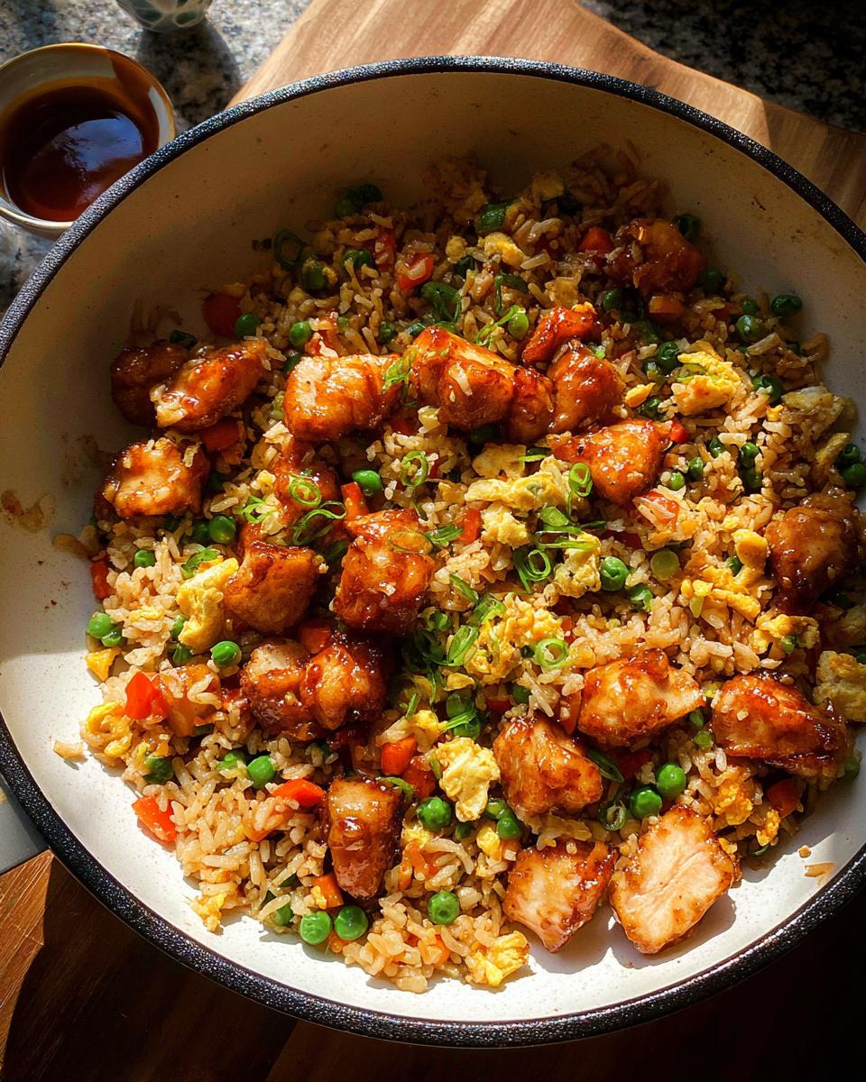 A close-up of a pan filled with Bang Bang Fried Rice, featuring tender chicken pieces, peas, carrots, and scrambled egg.