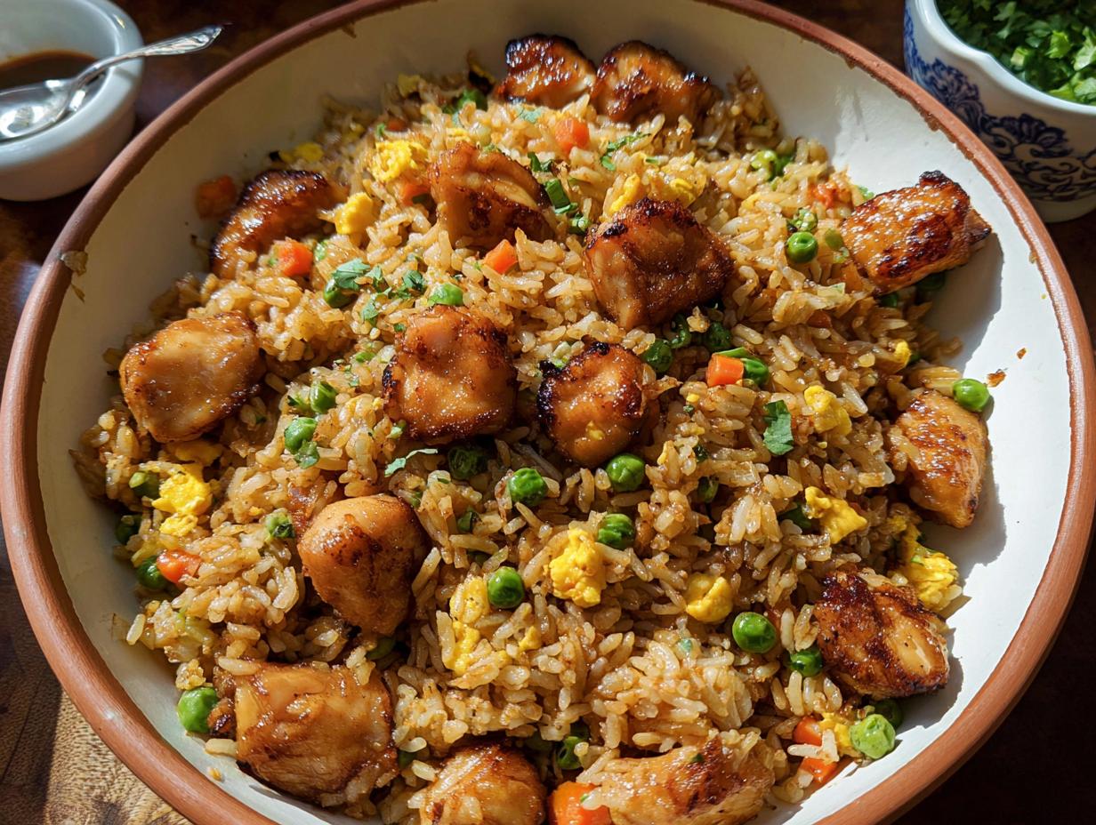 A close-up of a bowl of Bang Bang Fried Rice topped with succulent pieces of chicken, peas, carrots, and scrambled egg.