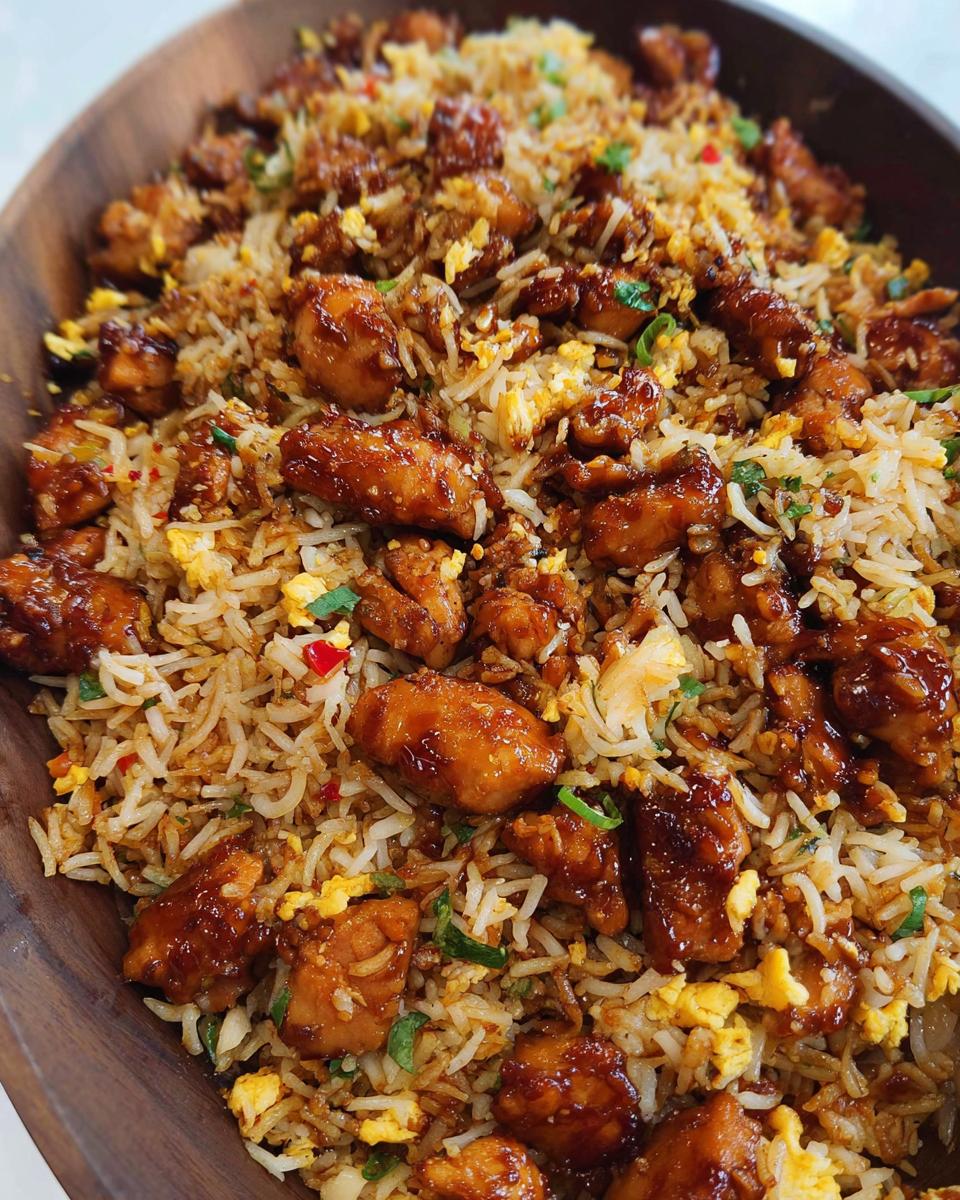 A close-up of a large wooden bowl filled with BBQ Chicken and Rice, featuring glazed chicken pieces and scrambled egg.
