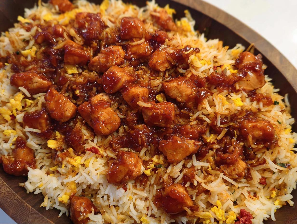 A close-up of a wooden bowl filled with fluffy rice topped with glazed BBQ chicken pieces.