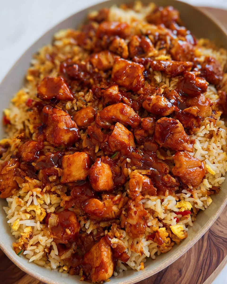 A close-up of a bowl filled with fluffy rice topped with tender pieces of BBQ chicken in a glossy sauce.