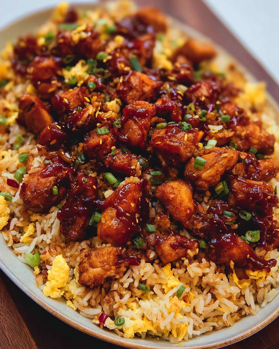 A close-up of a plate piled high with BBQ Chicken and Rice, featuring crispy chicken pieces coated in BBQ sauce over fluffy fried rice with scrambled eggs.