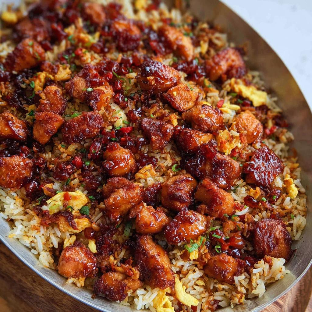 A close-up of a large pan filled with flavorful BBQ Chicken and Rice, featuring tender chicken pieces and scrambled eggs.
