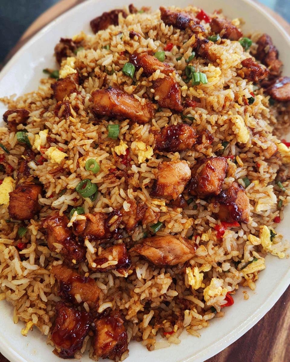 A close-up of a platter of BBQ Chicken and Rice, featuring tender chicken pieces coated in BBQ sauce mixed with fluffy rice, scrambled eggs, and green onions.