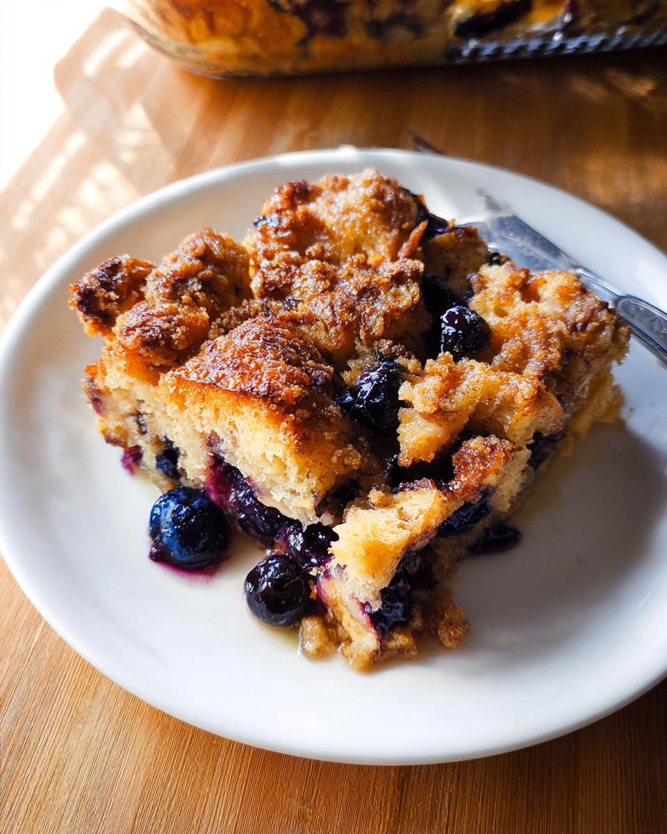 A delicious slice of Best Blueberry French Toast Casserole on a white plate, with fresh blueberries visible.
