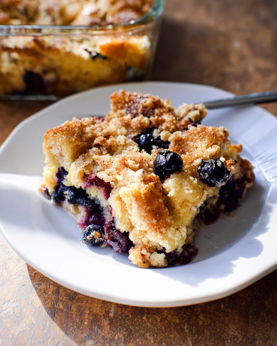 A delicious slice of Best Blueberry French Toast Casserole with a crumble topping and fresh blueberries.