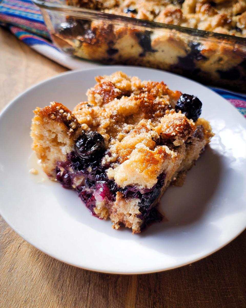 A delicious slice of Best Blueberry French Toast Casserole on a white plate, showing blueberries and a crumb topping.
