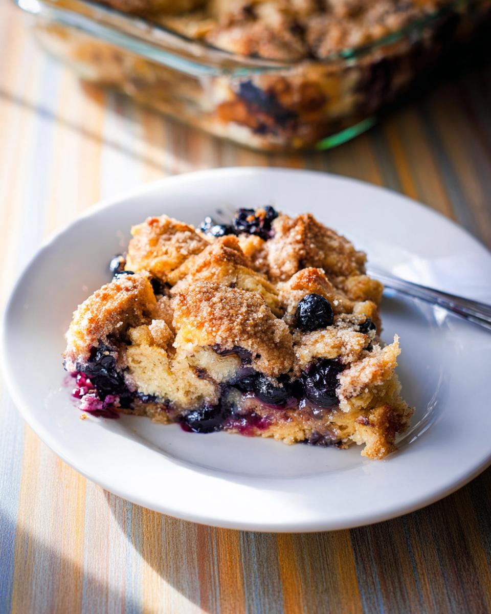 A delicious slice of Best Blueberry French Toast Casserole on a white plate, with blueberries and a crumb topping.