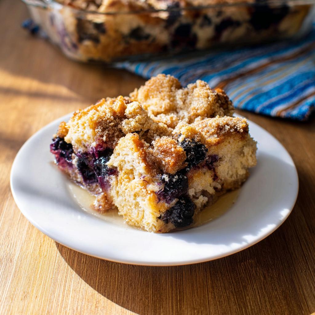 A delicious slice of Best Blueberry French Toast Casserole on a white plate, with fresh blueberries and a crumb topping.