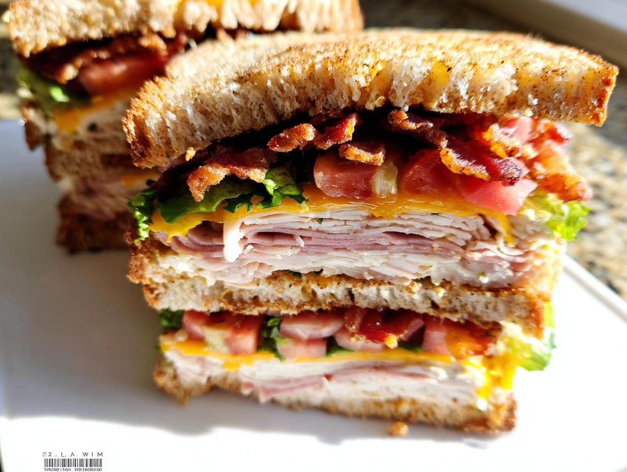 A tall, stacked Breakfast Club Sandwich with layers of turkey, ham, bacon, cheese, lettuce, and tomato on toasted bread.