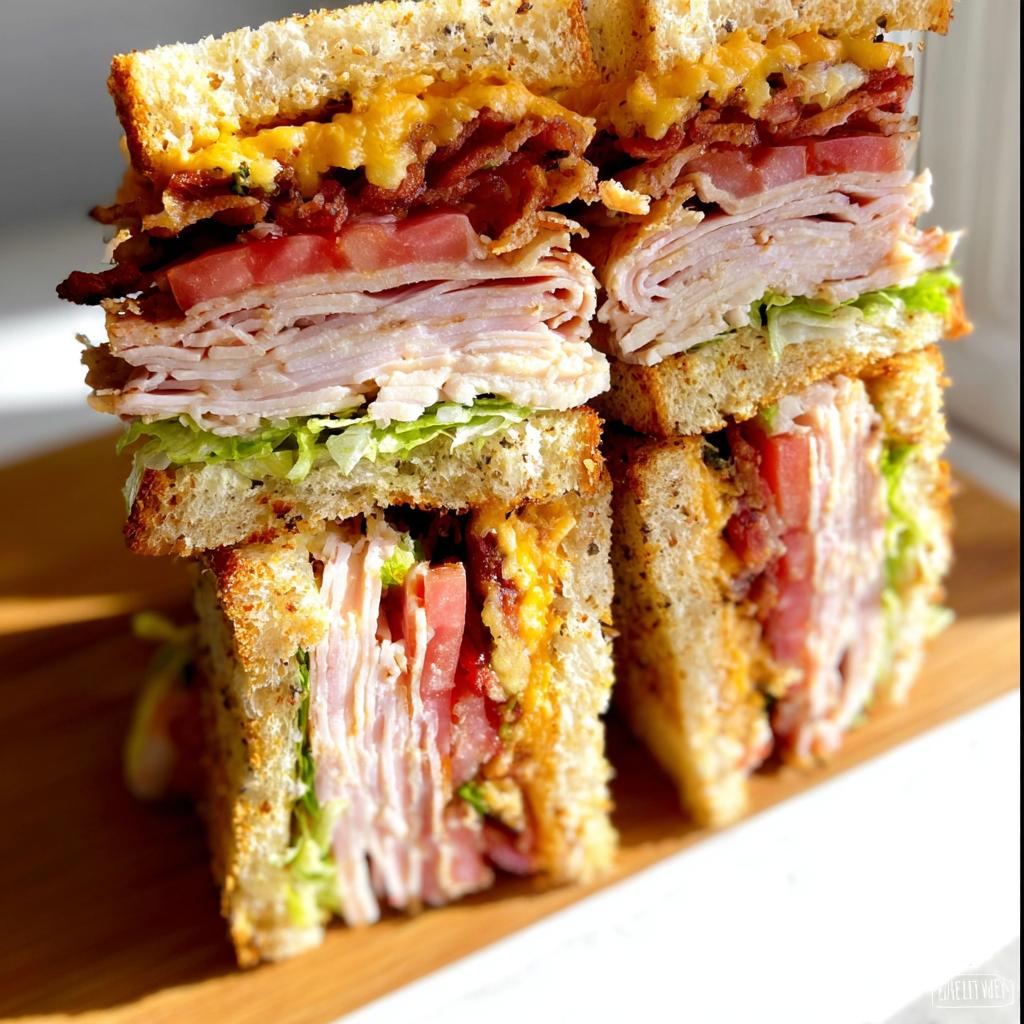 A tall stack of a Breakfast Club Sandwich with turkey, bacon, tomato, lettuce, and cheese on toasted bread.