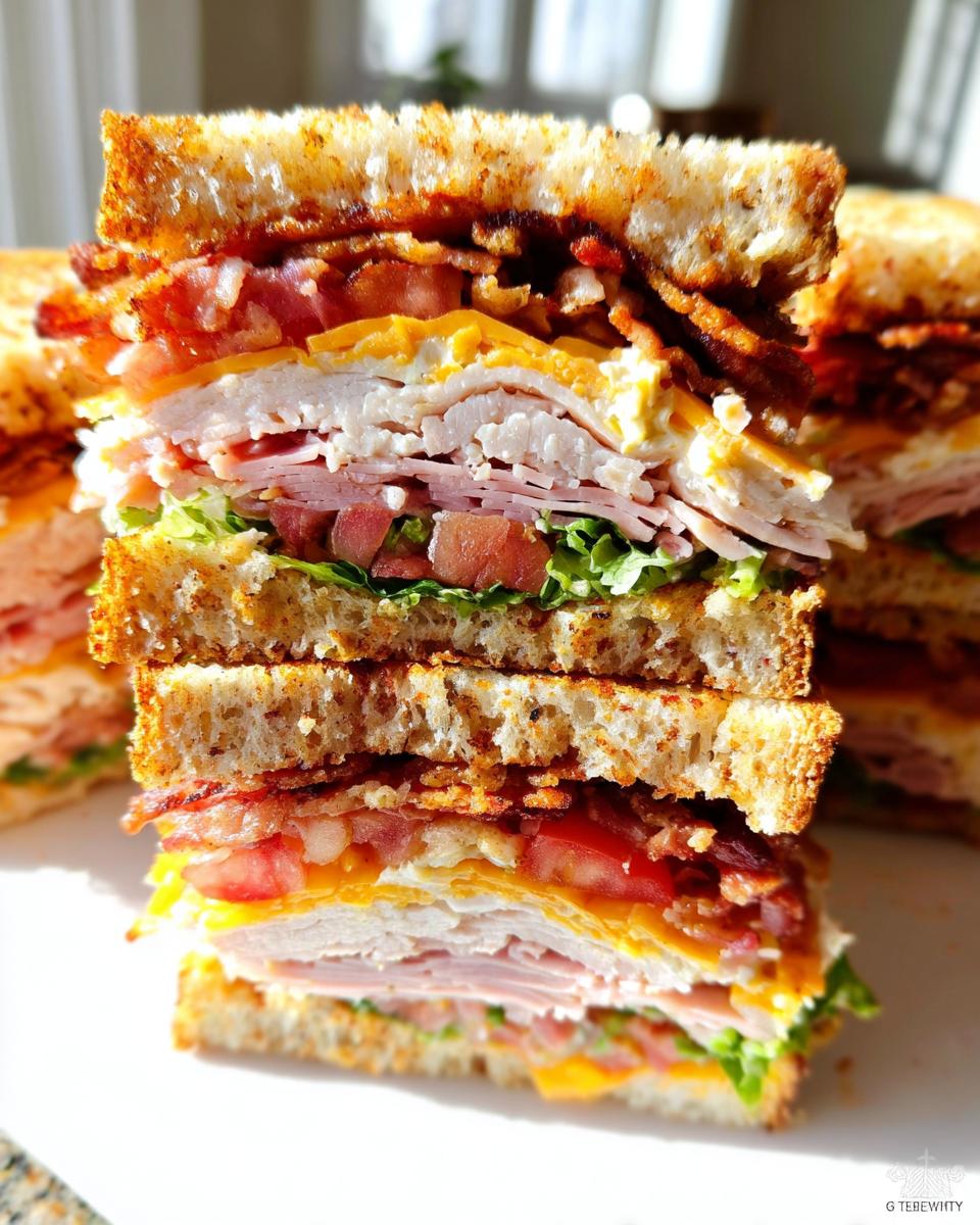 A tall, stacked Breakfast Club Sandwich with layers of toasted bread, crispy bacon, turkey, ham, cheese, lettuce, and tomato.