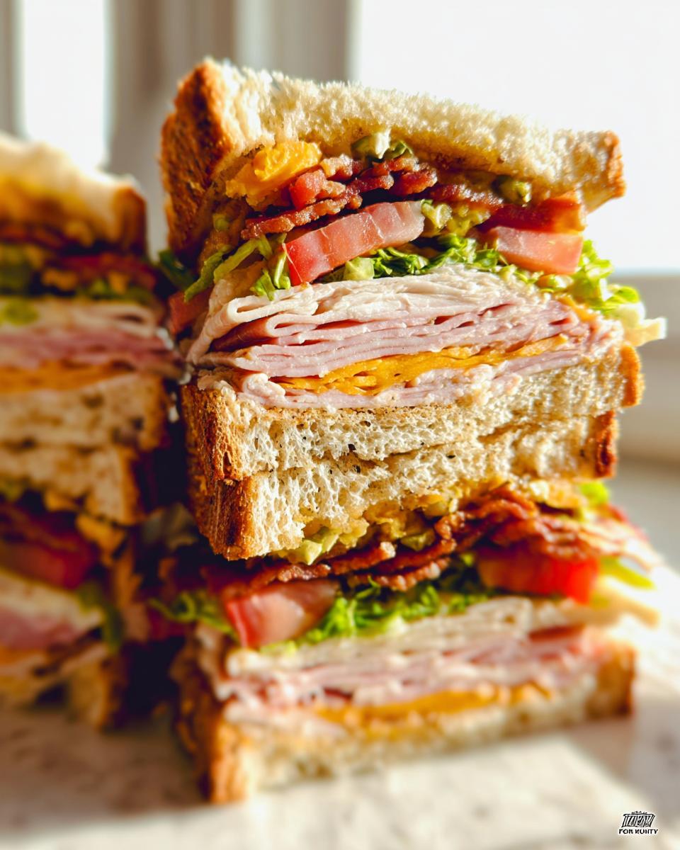A tall, stacked Breakfast Club Sandwich with layers of turkey, ham, bacon, lettuce, tomato, and cheese on toasted bread.