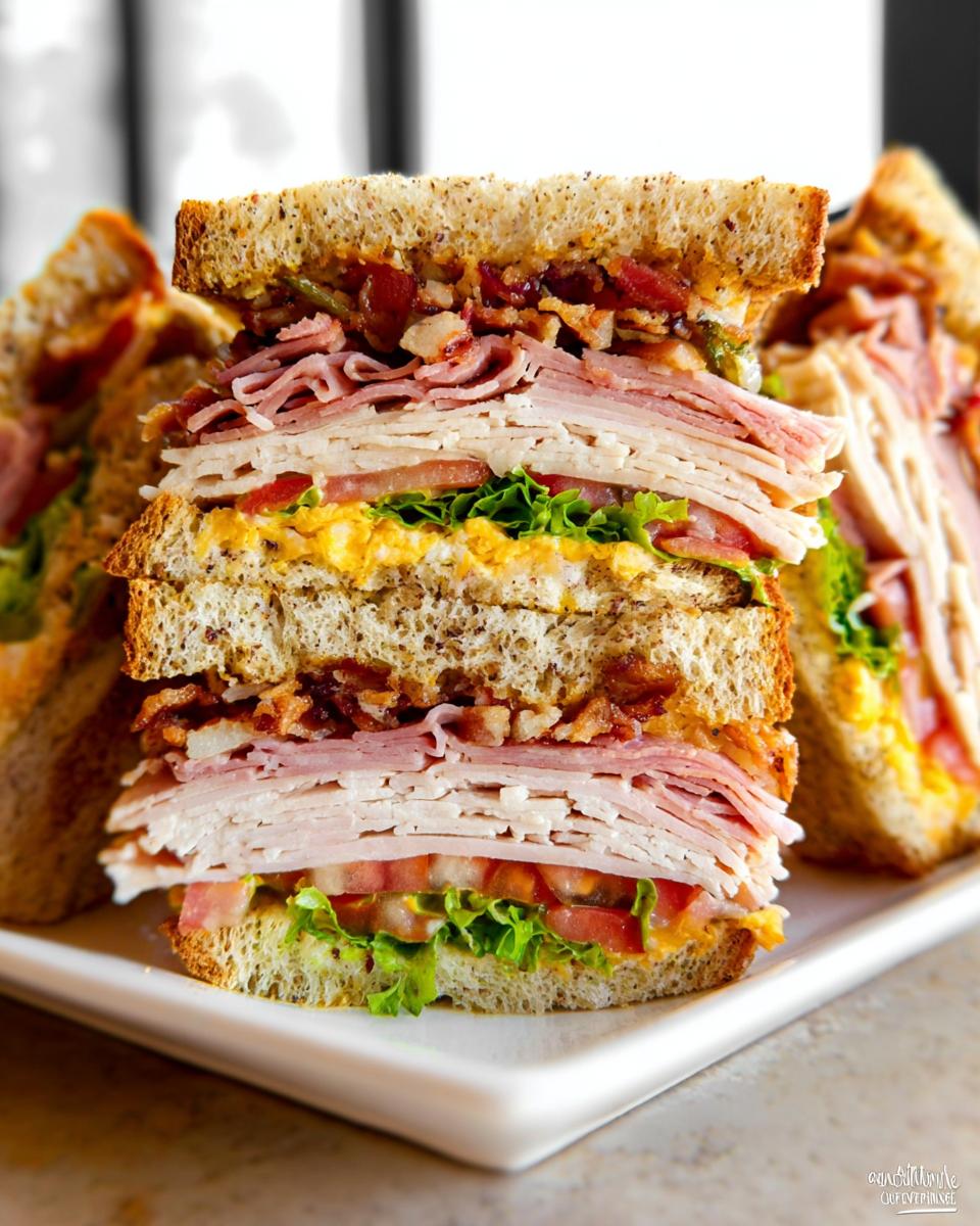 A tall and stacked Breakfast Club Sandwich with layers of turkey, ham, bacon, lettuce, tomato, and egg.
