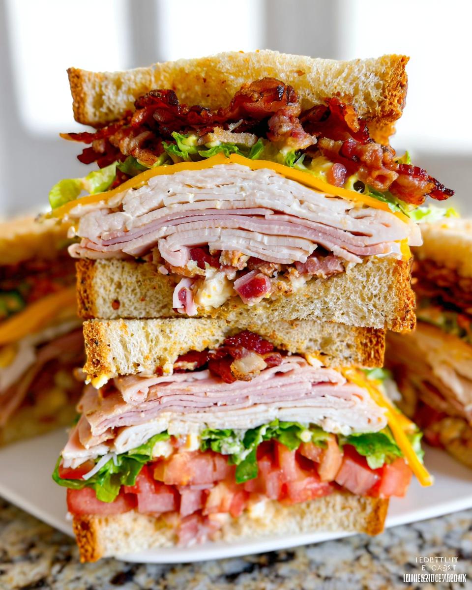 A tall, stacked Breakfast Club Sandwich with layers of turkey, ham, bacon, cheese, lettuce, and tomato.