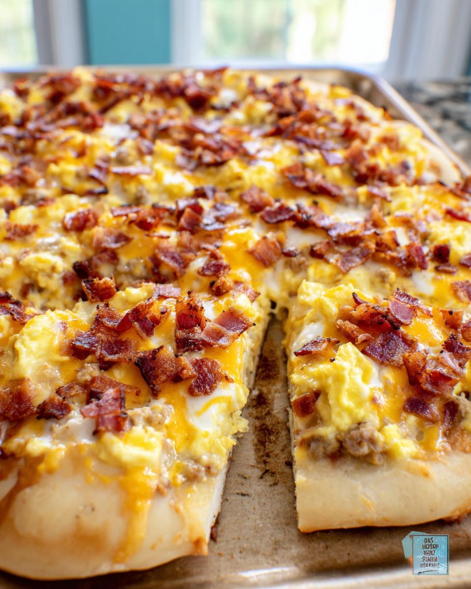 A close-up of a breakfast pizza egg recipe topped with scrambled eggs, cheese, and crispy bacon.