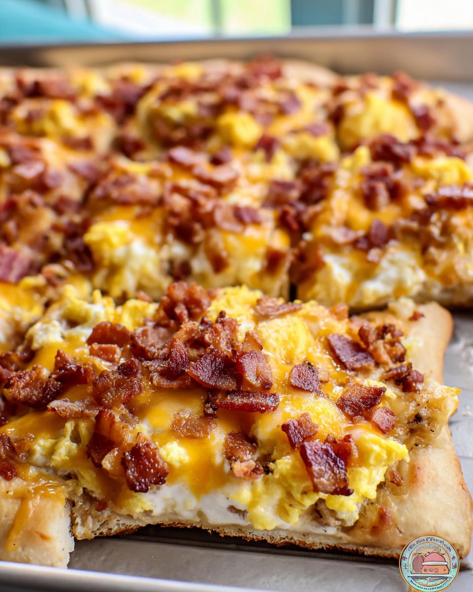 A slice of breakfast pizza with scrambled eggs, melted cheese, and crispy bacon on a pizza crust.