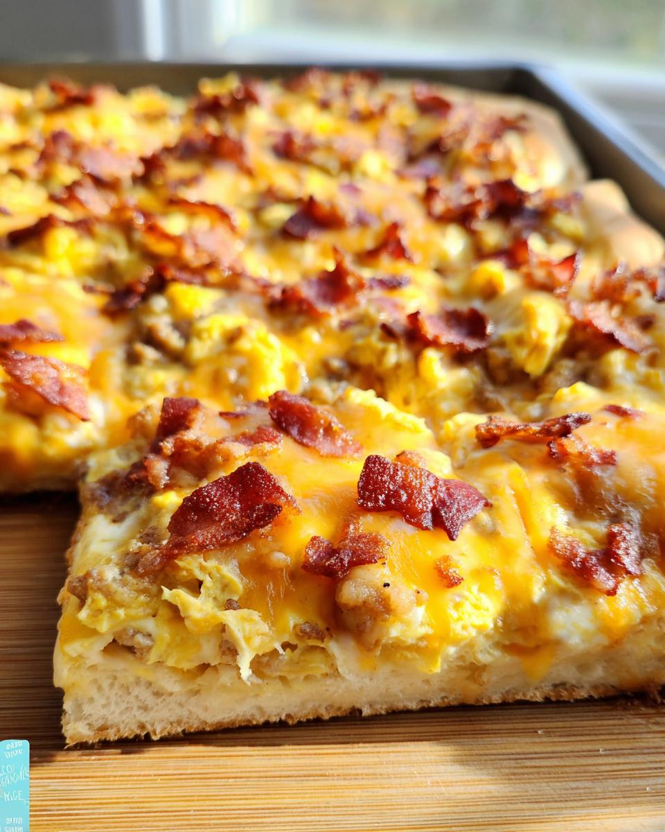 A slice of breakfast pizza egg recipe topped with melted cheese and crispy bacon.