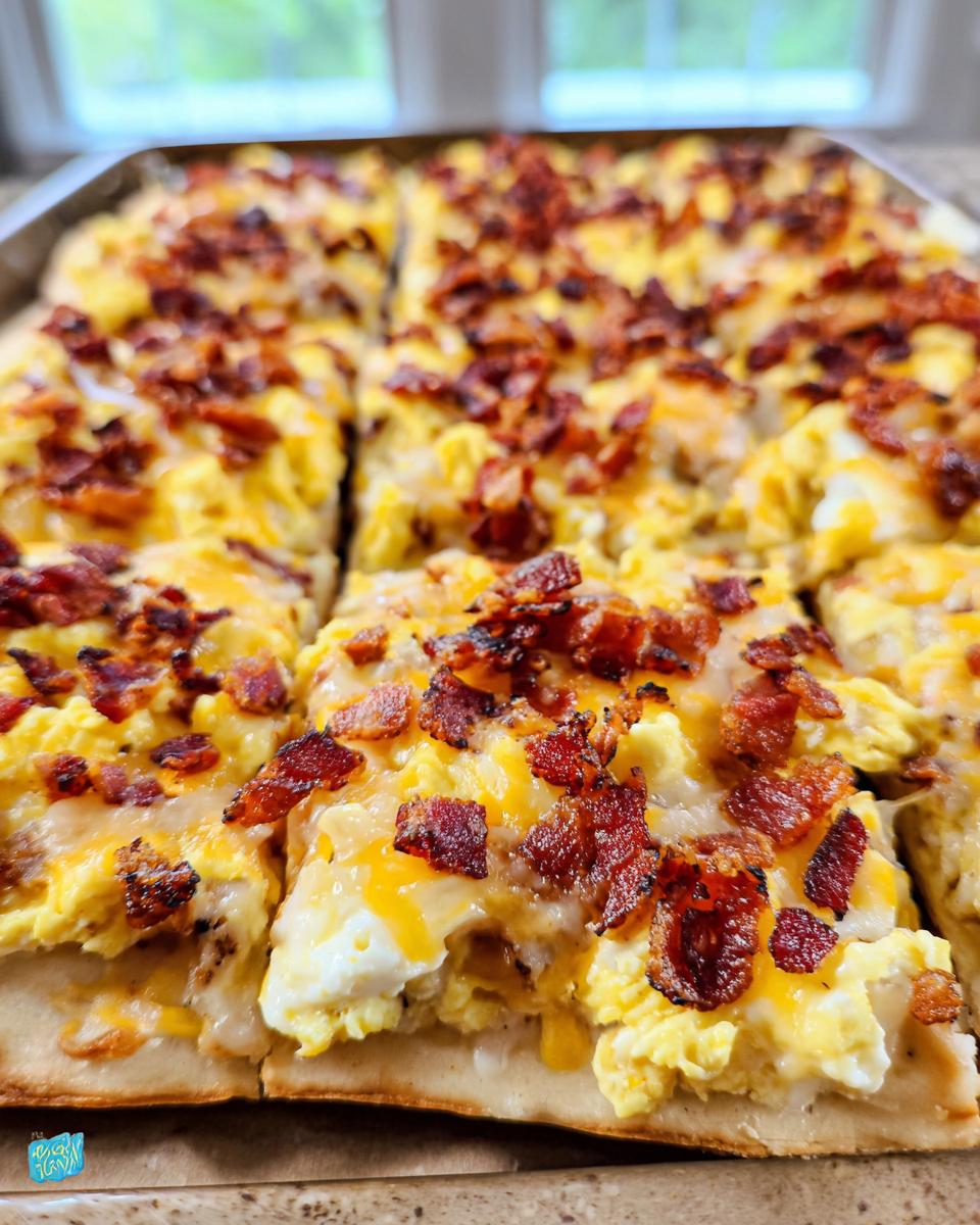 Close-up of a freshly baked breakfast pizza egg recipe topped with scrambled eggs, melted cheese, and crispy bacon.