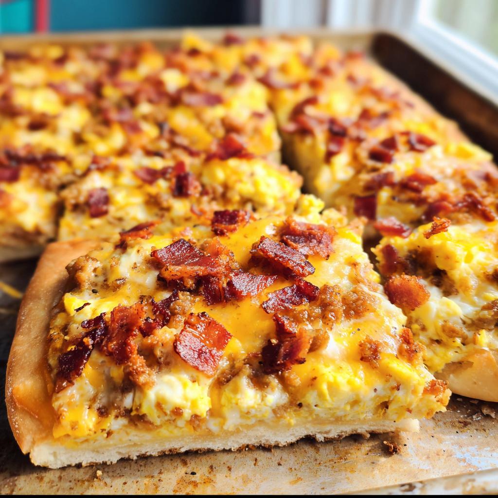 A slice of breakfast pizza with scrambled eggs, sausage, melted cheese, and crispy bacon.