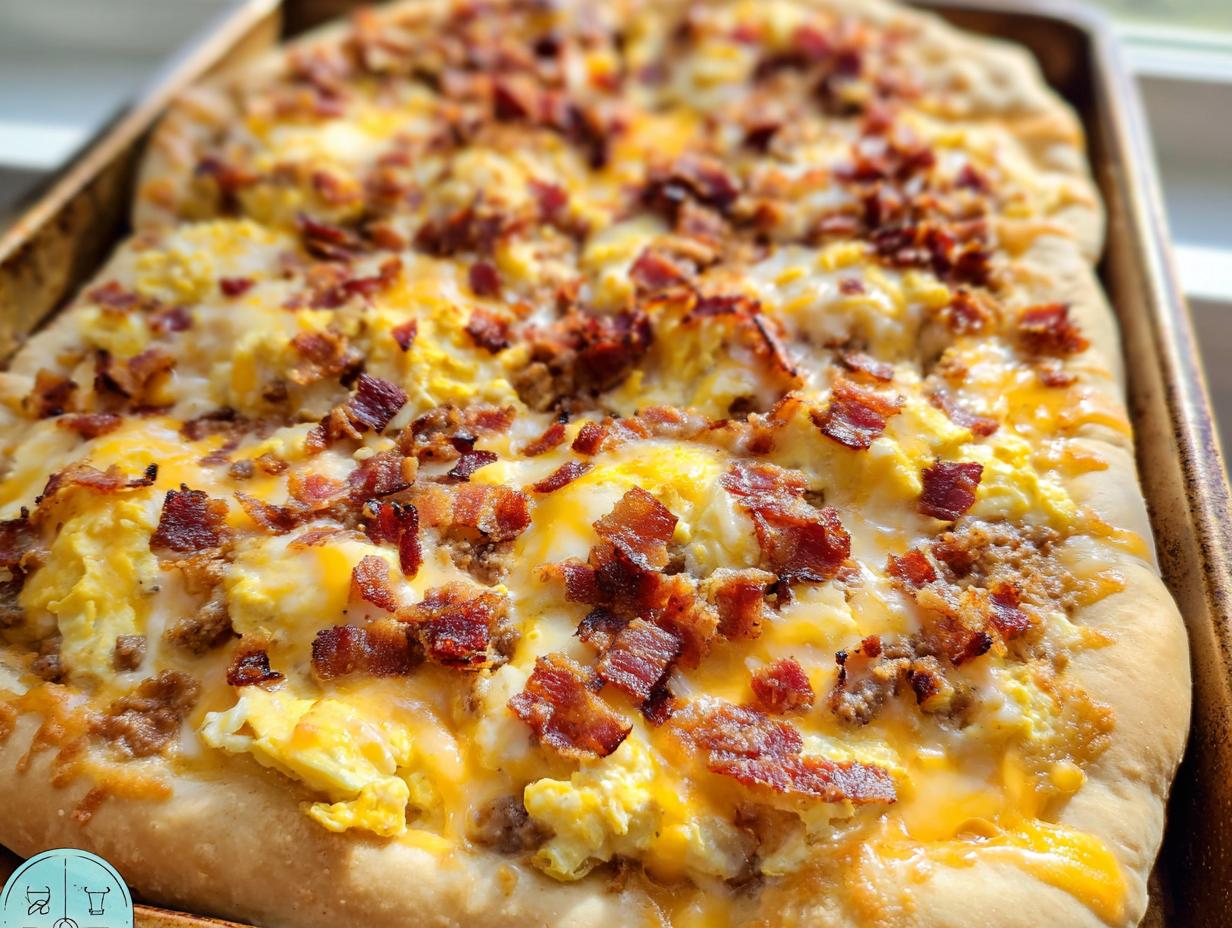 Close-up of a freshly baked breakfast pizza egg recipe topped with scrambled eggs, cheese, and bacon.