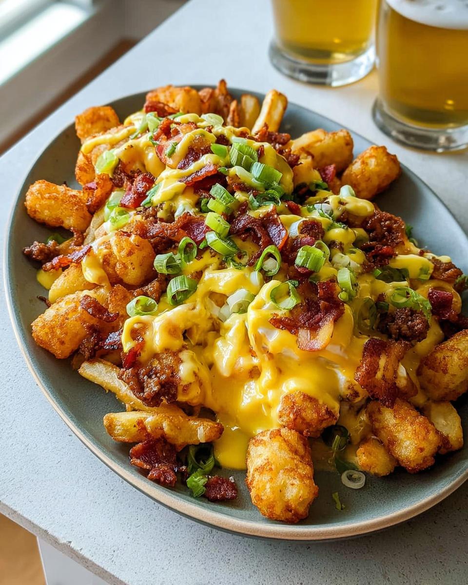 A plate of Breakfast Poutine with Hollandaise Sauce, featuring tater tots, french fries, bacon, and green onions.