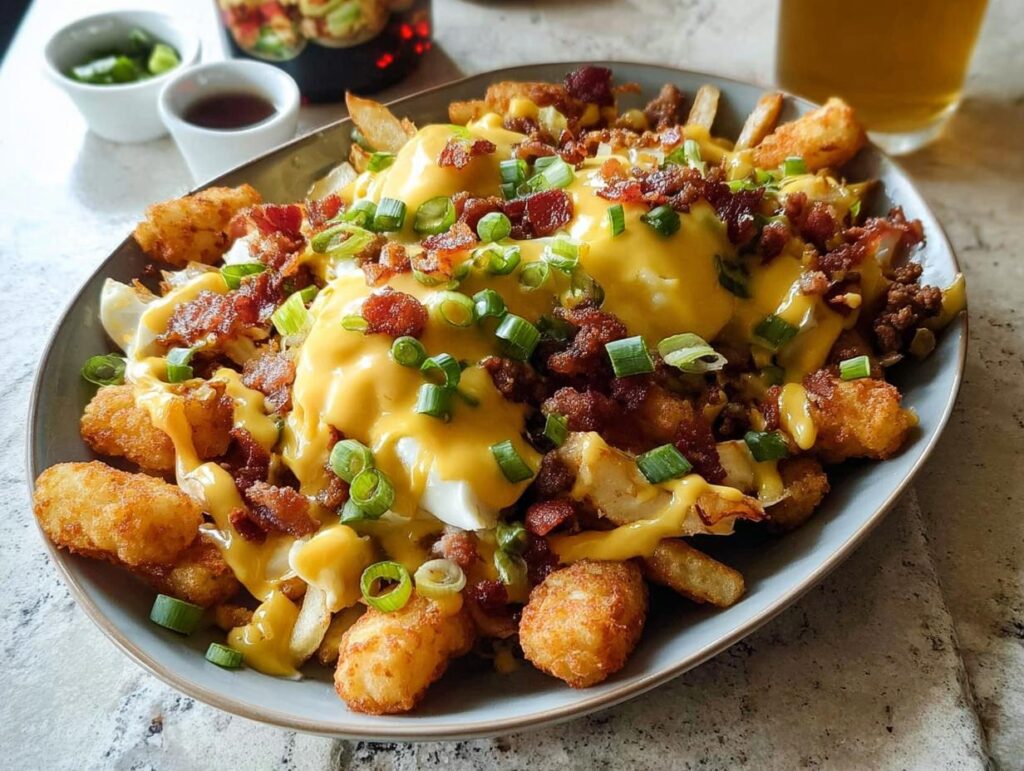 A delicious plate of Breakfast Poutine with Hollandaise Sauce, featuring crispy tater tots, french fries, bacon, and green onions.