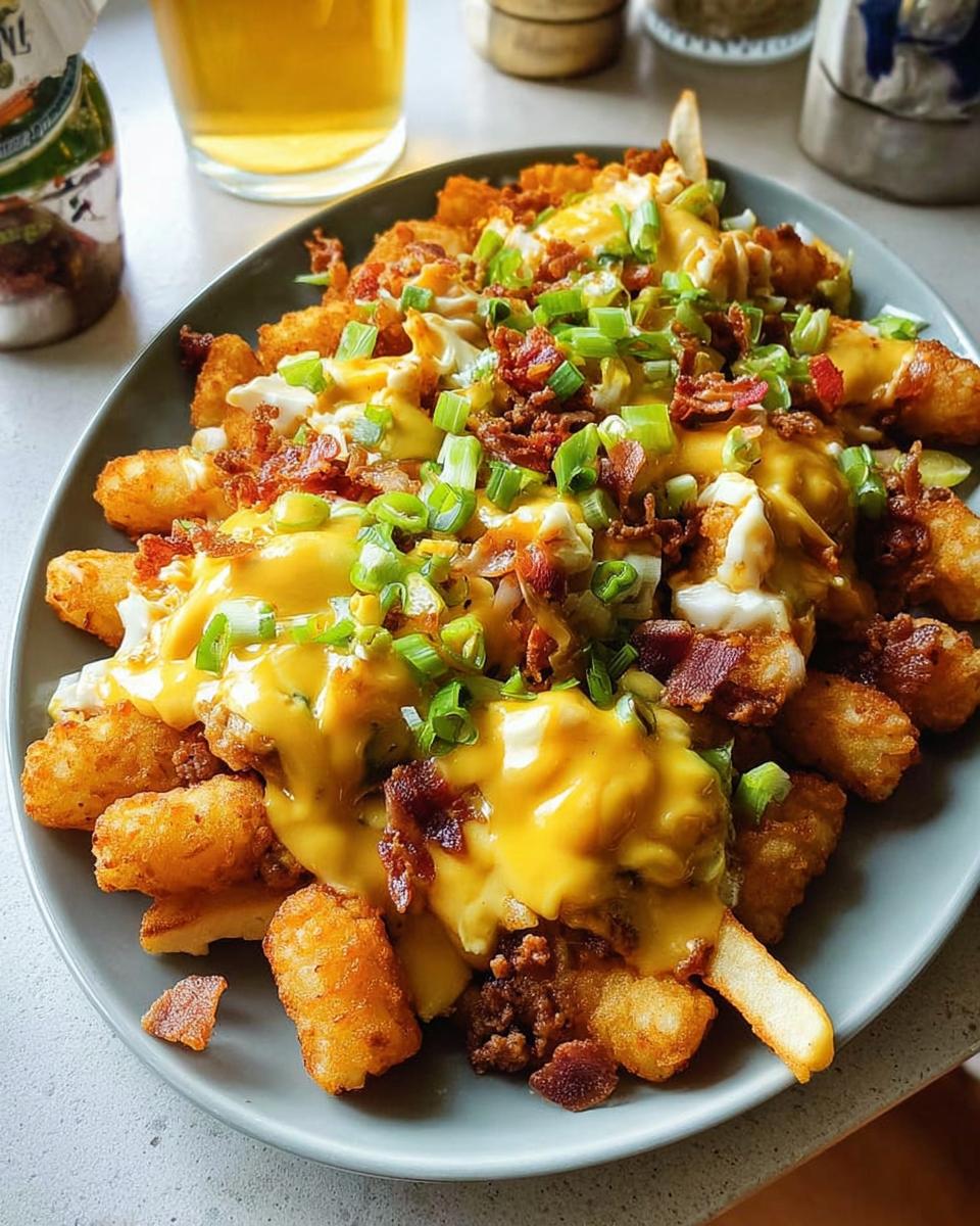 A hearty plate of Breakfast Poutine with Hollandaise Sauce, featuring crispy tater tots, crumbled bacon, and chopped green onions.