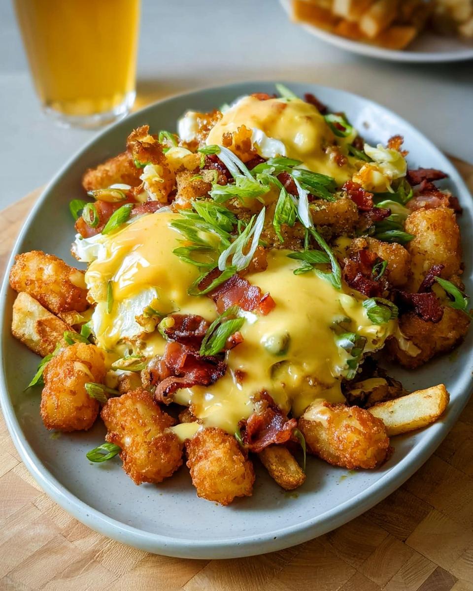 A plate of Breakfast Poutine with Hollandaise Sauce, topped with poached eggs, crispy bacon, tater tots, and green onions.