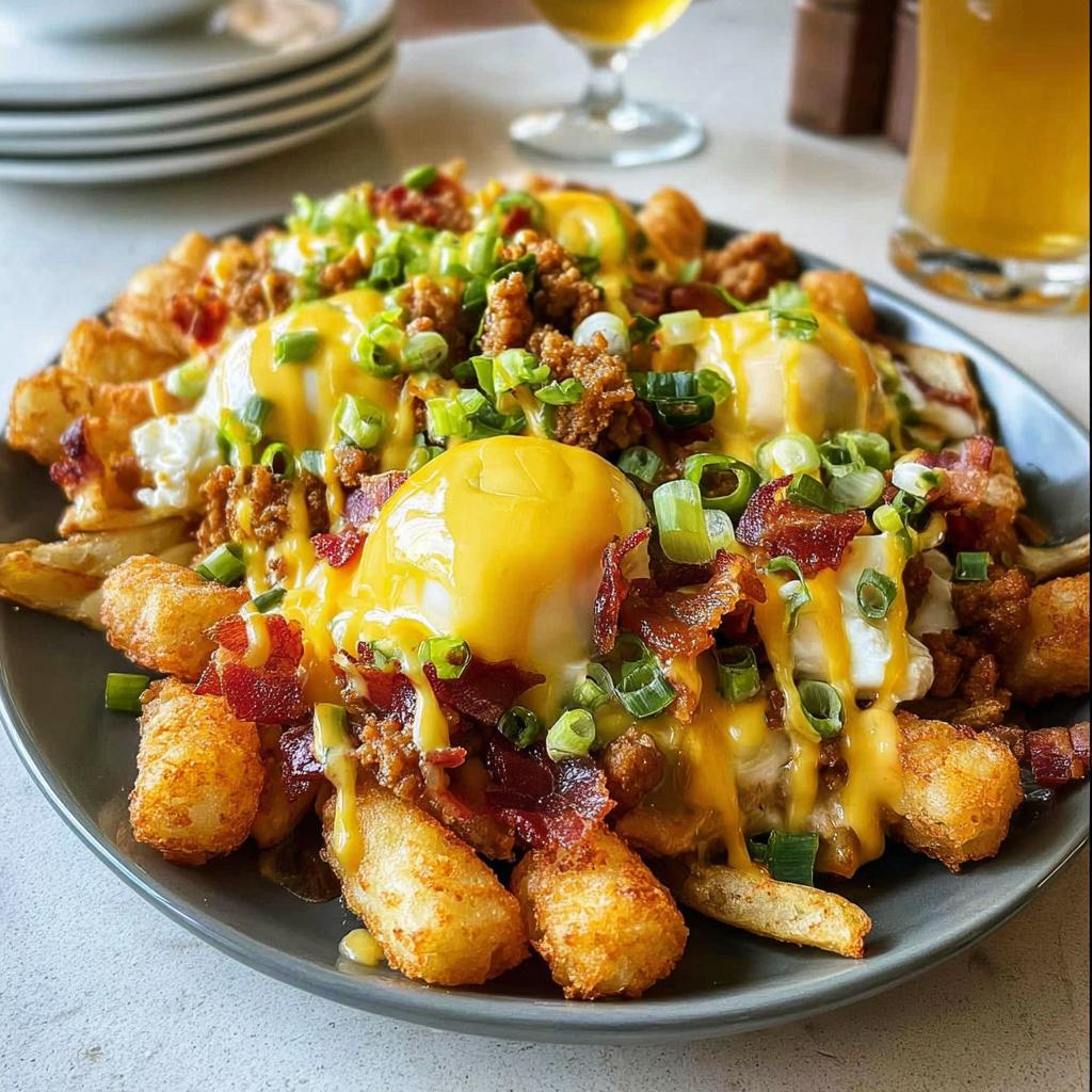 A hearty plate of Breakfast Poutine with Hollandaise Sauce, featuring crispy tater tots, french fries, bacon, sausage, eggs, and green onions.