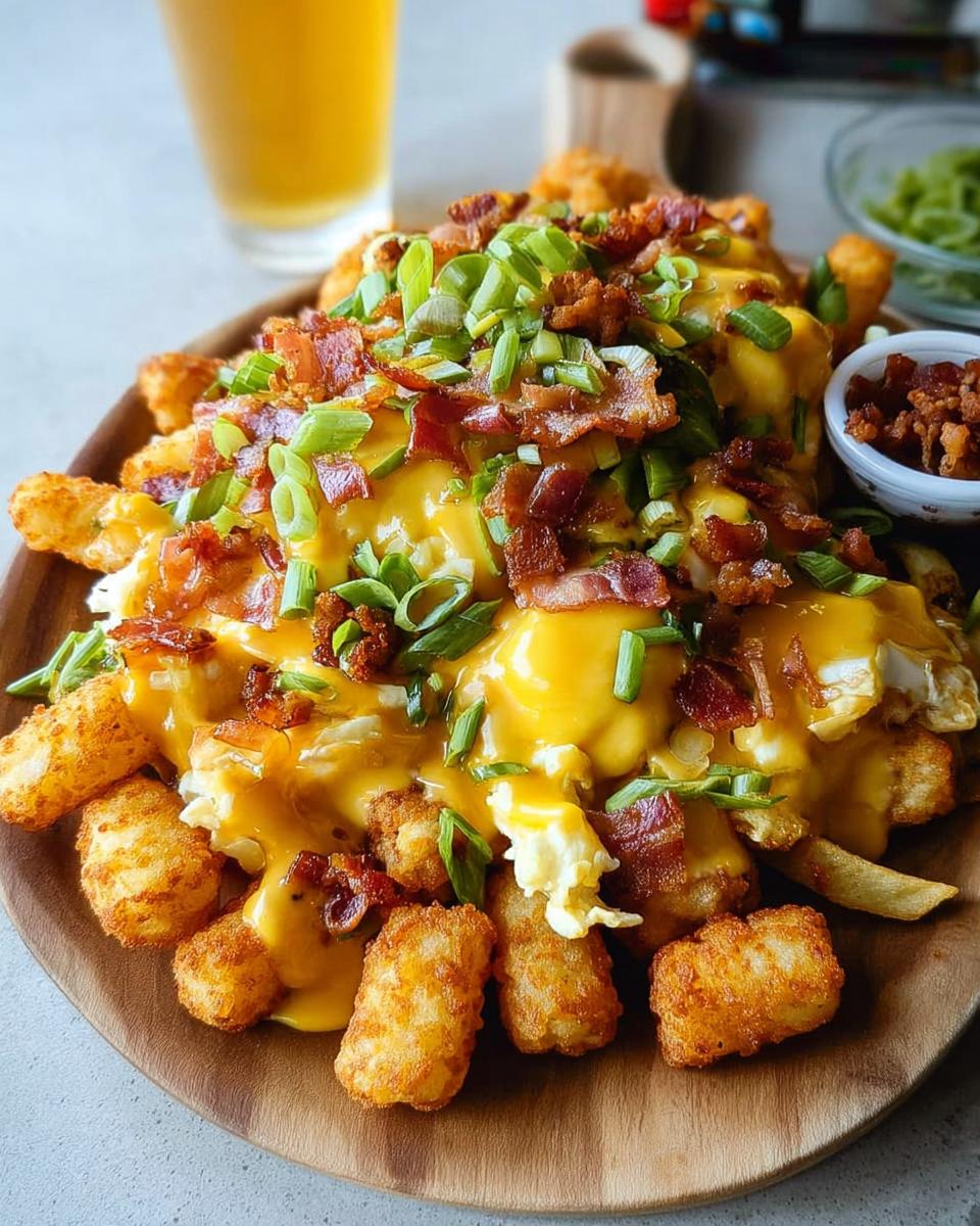 A hearty serving of Breakfast Poutine with Hollandaise Sauce, featuring crispy tater tots, scrambled eggs, bacon, and green onions.